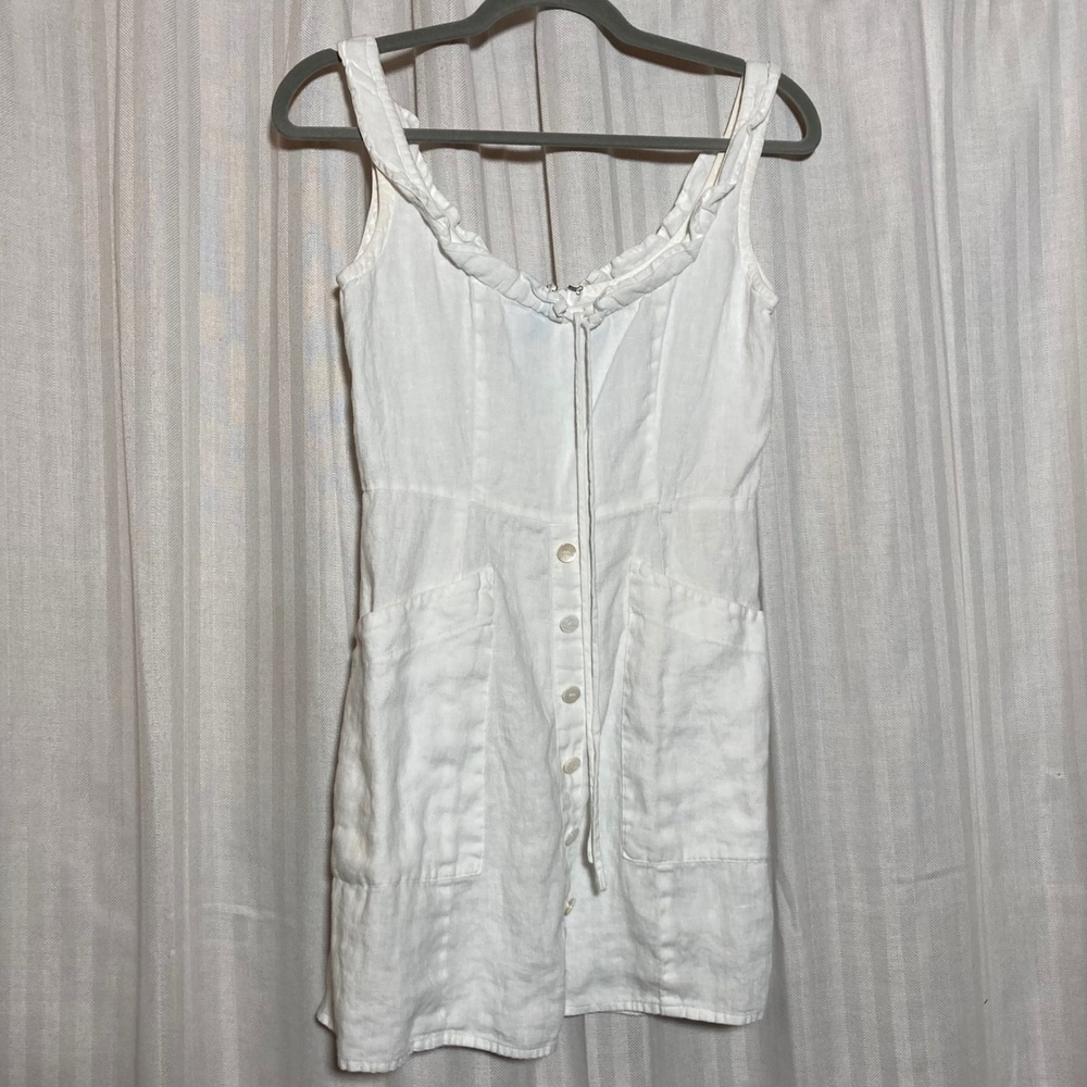 Honorine XS White Linen Mini Dress Button Front Pockets Ruffle Boho AS IS **Read